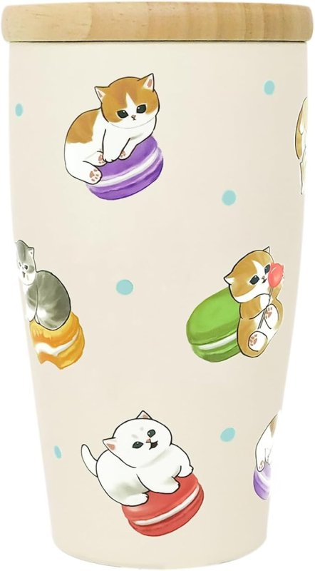 画像1: mofusand 木蓋付き 真空二重 タンブラー 350ml 【 マカロン 】 ねこ 53-2098 [ B0DK6DNY27 / 4515424047730 / 53-2098 ] (1)