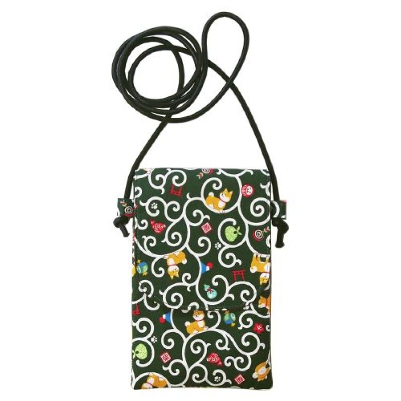 画像1: 京佑 日本製 スマホショルダー 軽い 犬 携帯 綿 サコッシュ フタ付き スマホ ポシェット 縁起屋 柴犬 緑 [ B0D34Y53L5 / 4526847150471 / 18000701 ] (1)