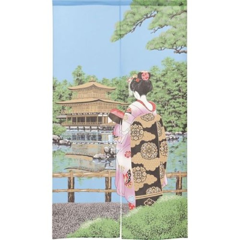 画像1: ◯のれん工房 のれん 浮世絵 和風 タペストリー半間のれん 伝統 幅85×丈150cm 舞妓金閣寺 レース生地 2409 [ B08DRBYB8V / 4943741600961 / ] (1)